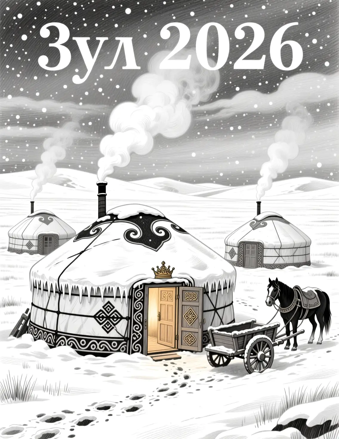 Winter yurts on the Mongolian steppe in pencil drawing