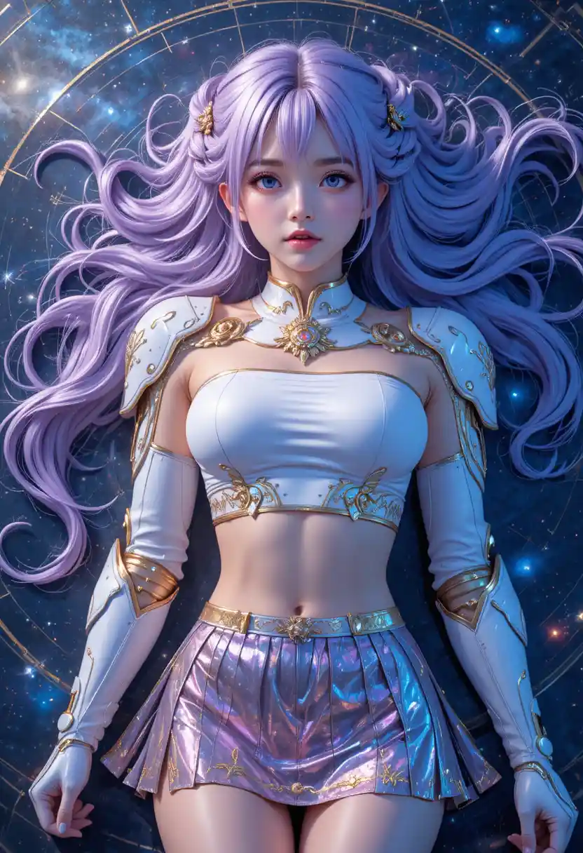 Anime girl in futuristic armor on celestial star map