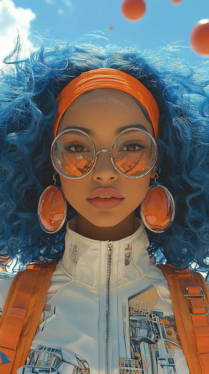 Frau mit blauen Haaren in einer futuristischen roten und orangefarbenen Welt