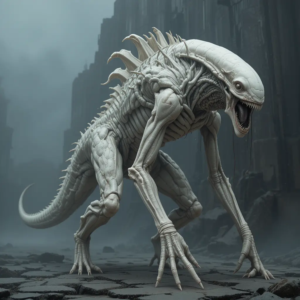 Bone white apex monster stalking in a dark stone mist