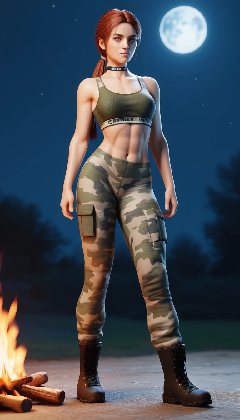 Athletic moonlit huntress by a campfire in the forest