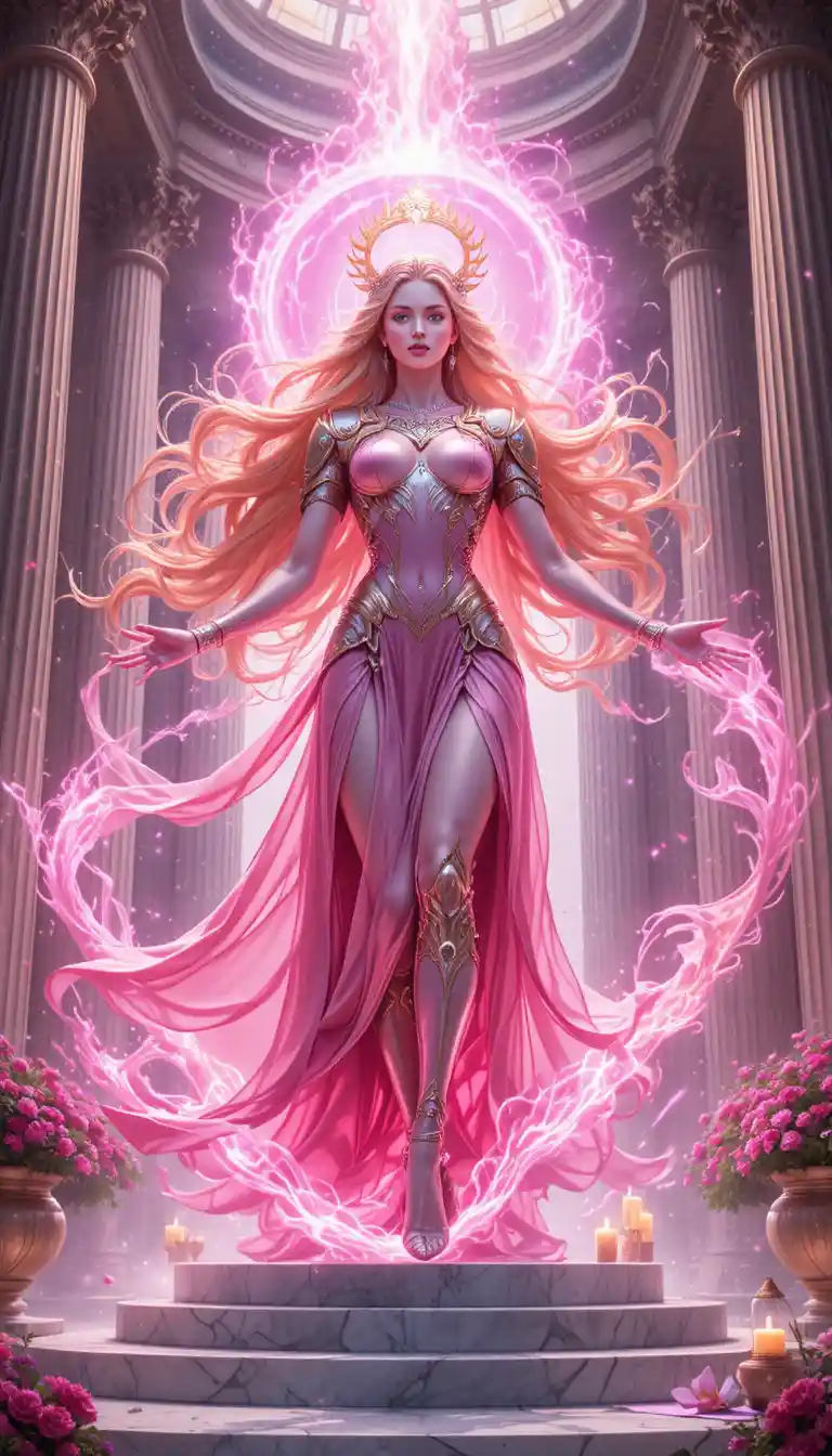 Anime goddess warrior glowing with pink aura in temple