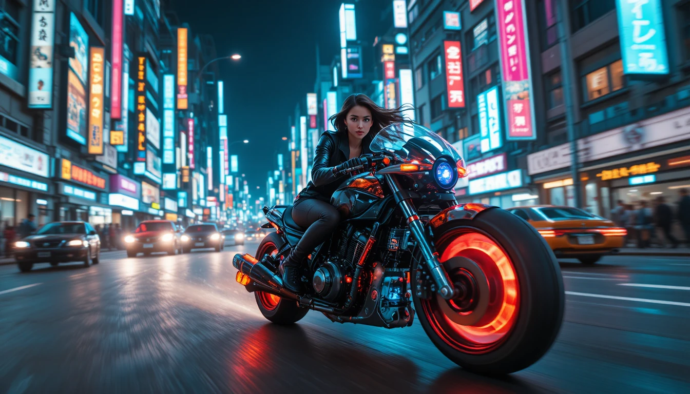 Woman racing a hovercraft through neon cyberpunk streets