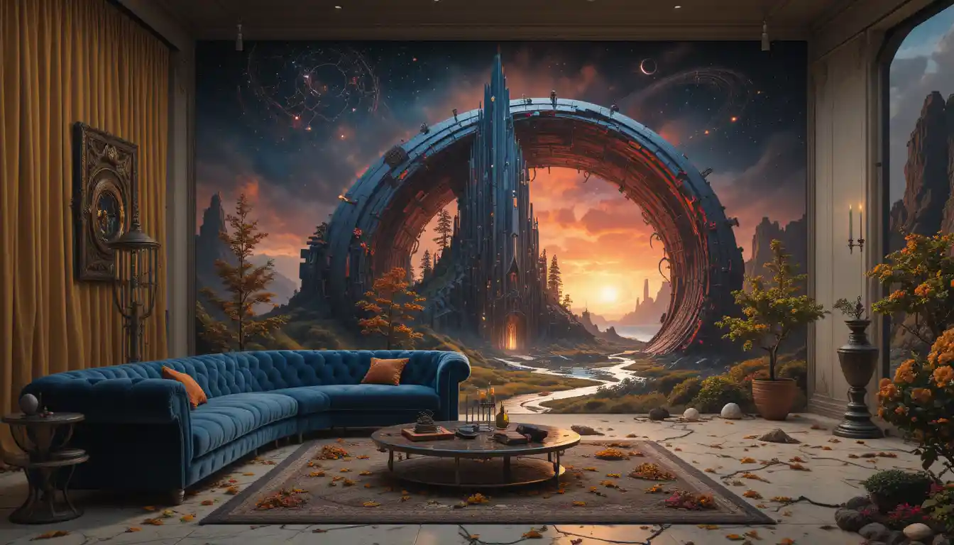 Surreal living room with portal opening to a summer forest