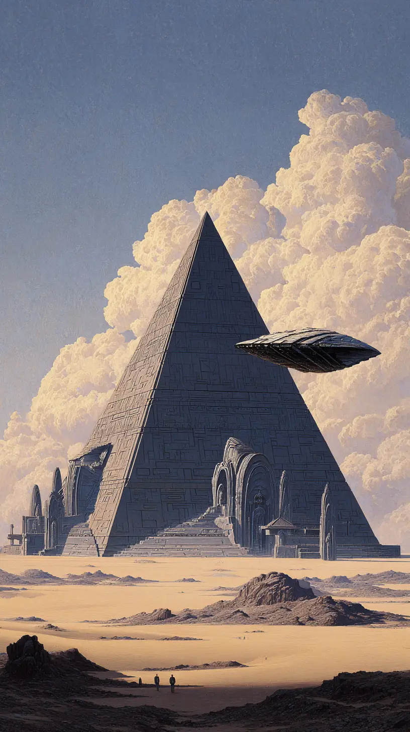Massive brutalist pyramid towers over a lone spaceship