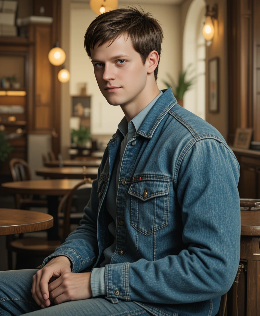 Uomo in denim seduto in una scena drammatica in un bar