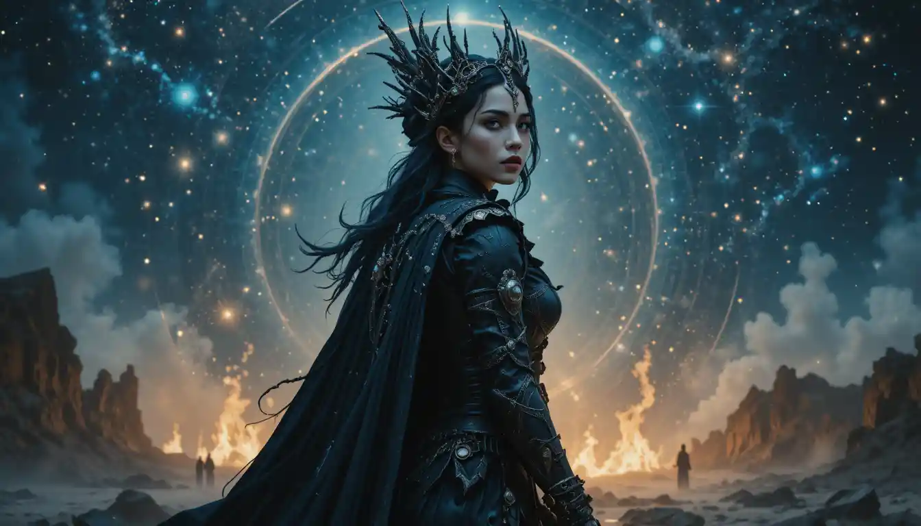 Regina gotica sci‑fi sotto un cielo cosmico stellato