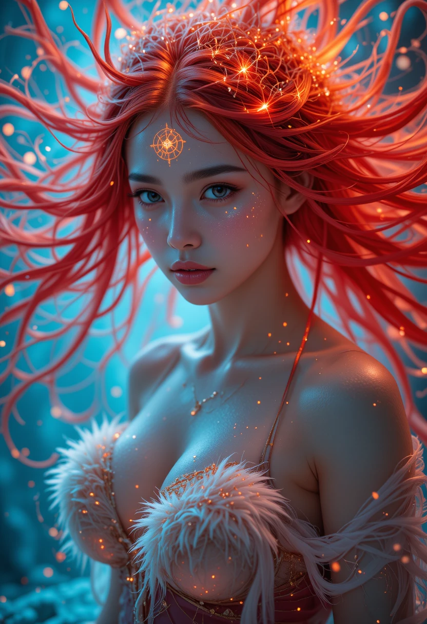 Crying fantasy woman with glowing runes and swirling hair