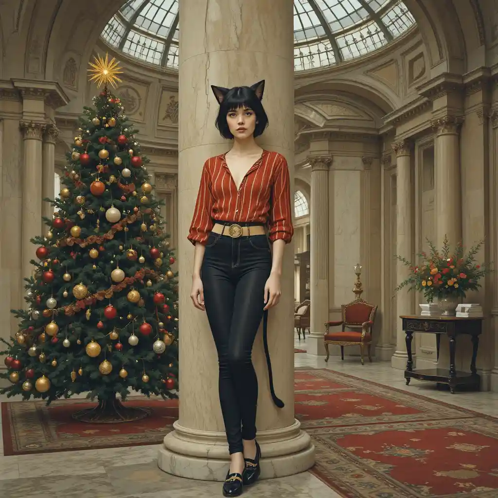 Woman with cat ears standing in a grand stone hall
