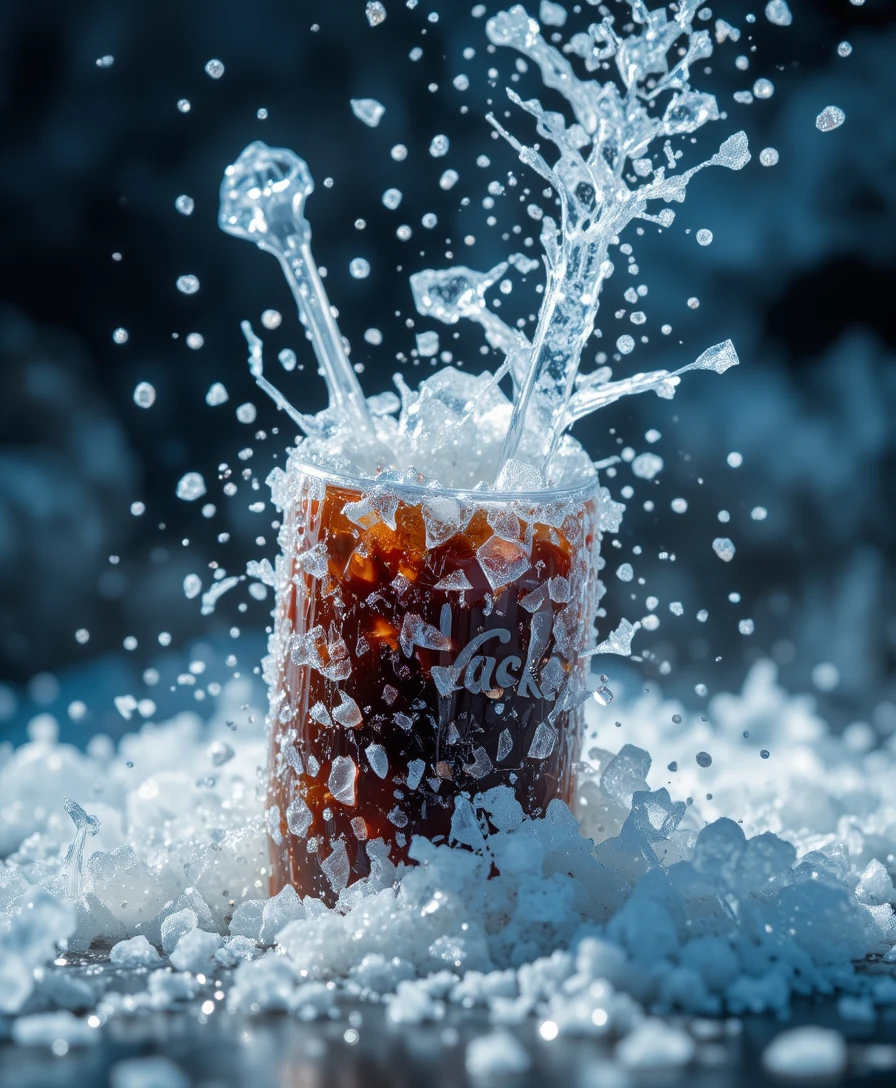 Extreme close up of soda cans cracking open with ice
