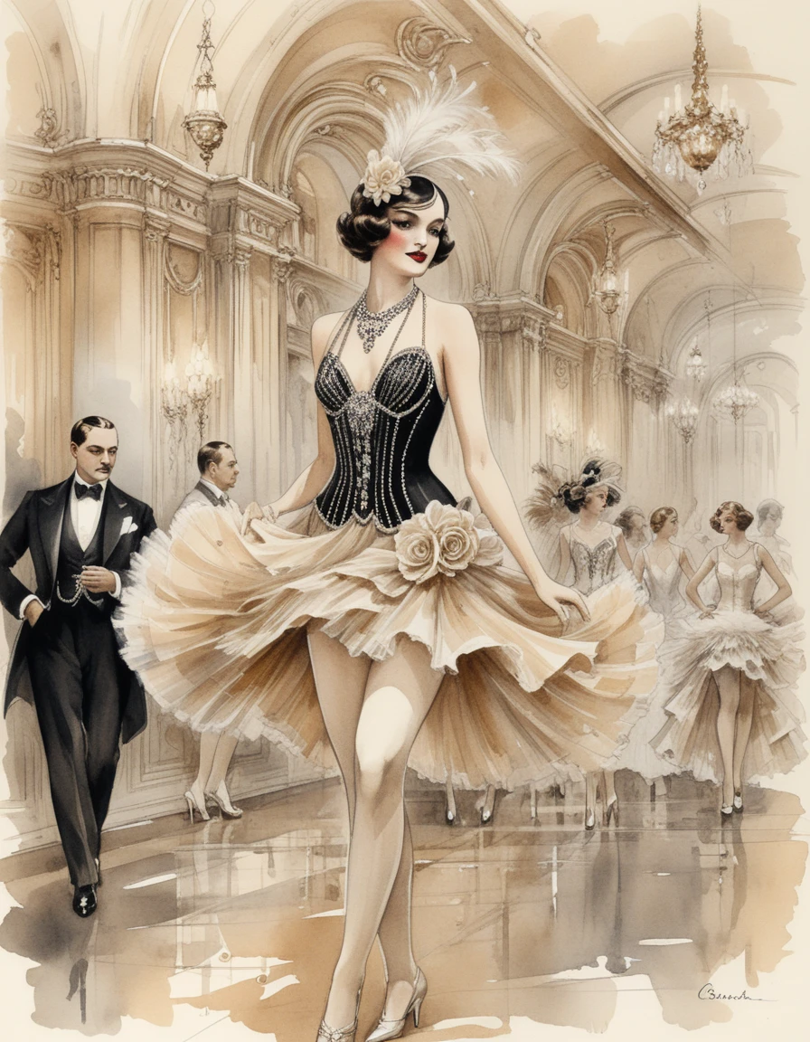 Glamorous 1920s cabaret dancer in baroque palace ballroom