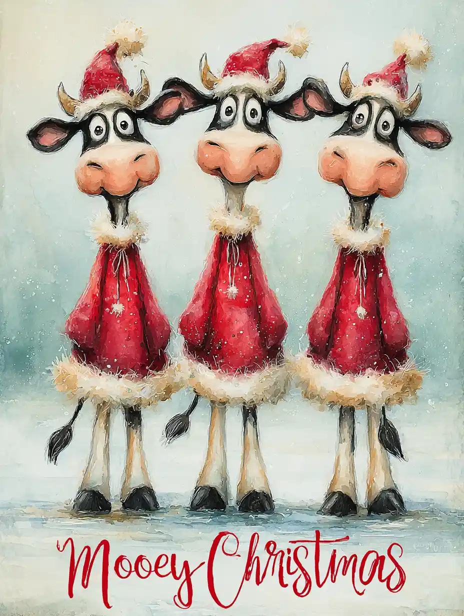 Joyful cartoon Christmas cows on icy abstract background