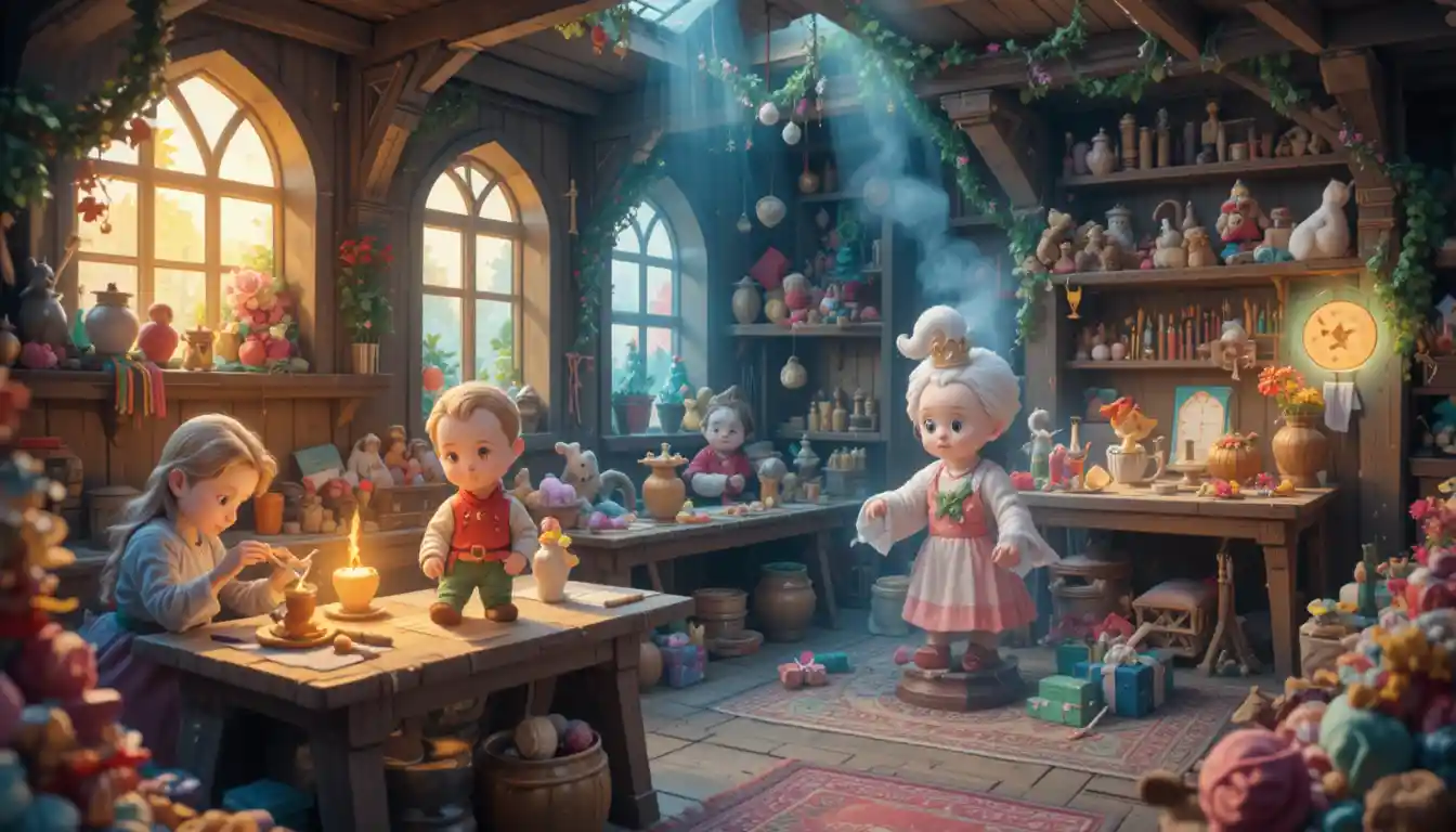 Taller mágico de juguetes que brilla cálidamente antes de la noche de Navidad