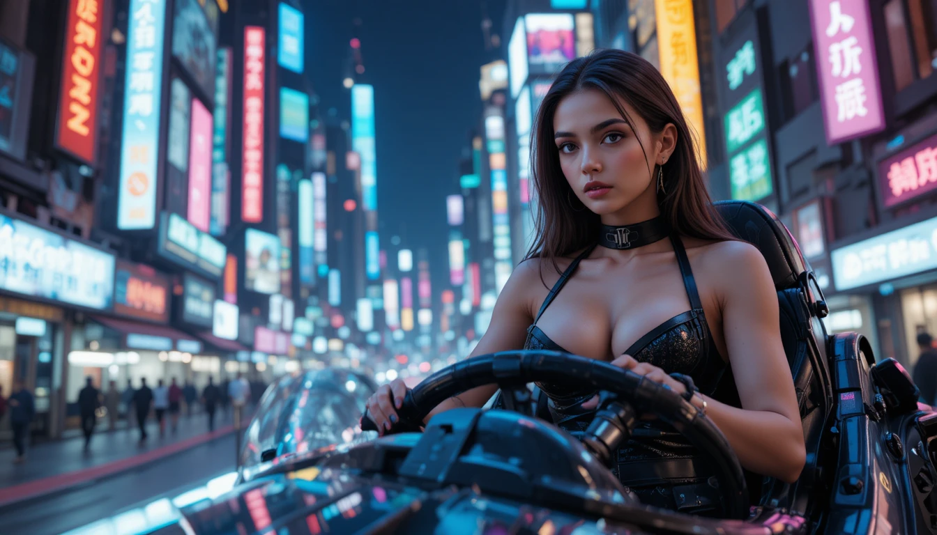 Woman piloting a futuristic hovercraft in neon cyberpunk city