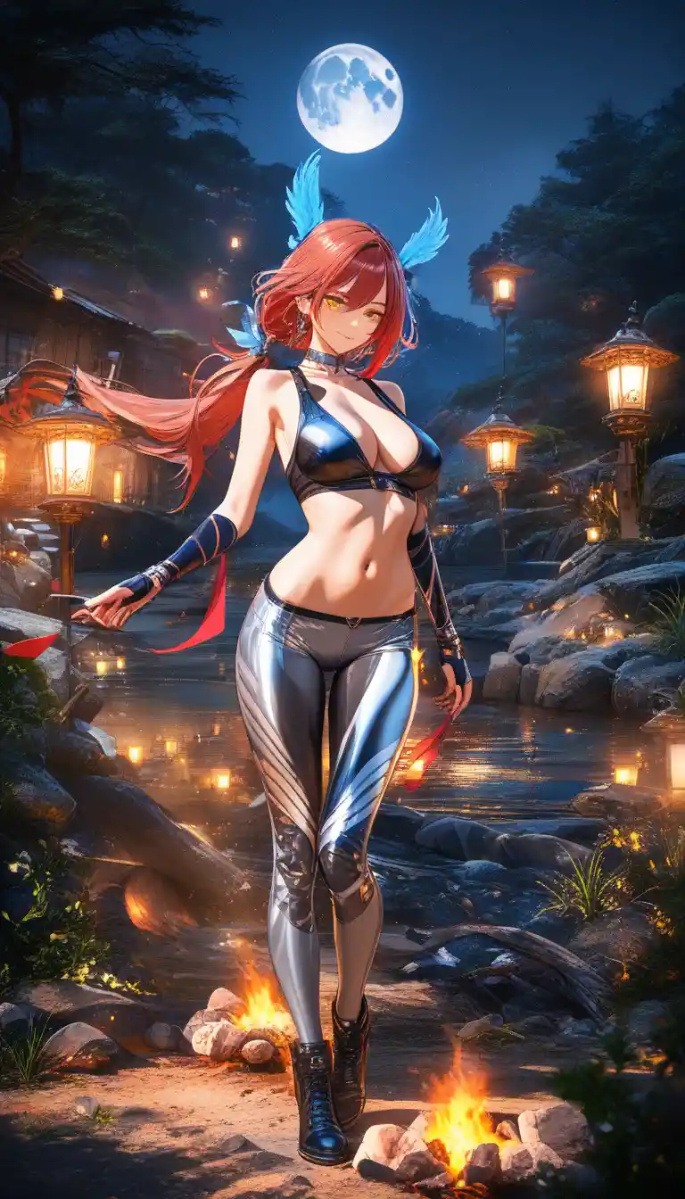 Moonlit huntress archer by a campfire in the forest