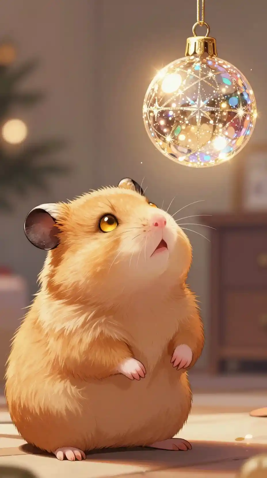 Cute golden hamster looking up at christmas ornament