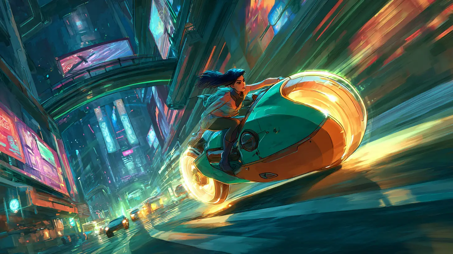 Woman riding hovercraft in neon cyberpunk night city