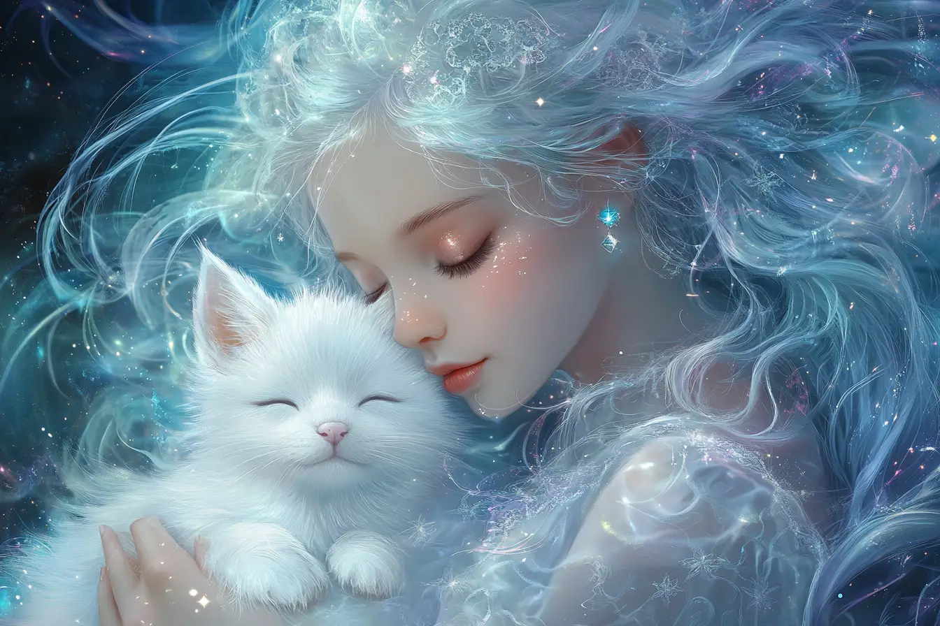 Ethereal girl cuddling a luminous white kitsune fox
