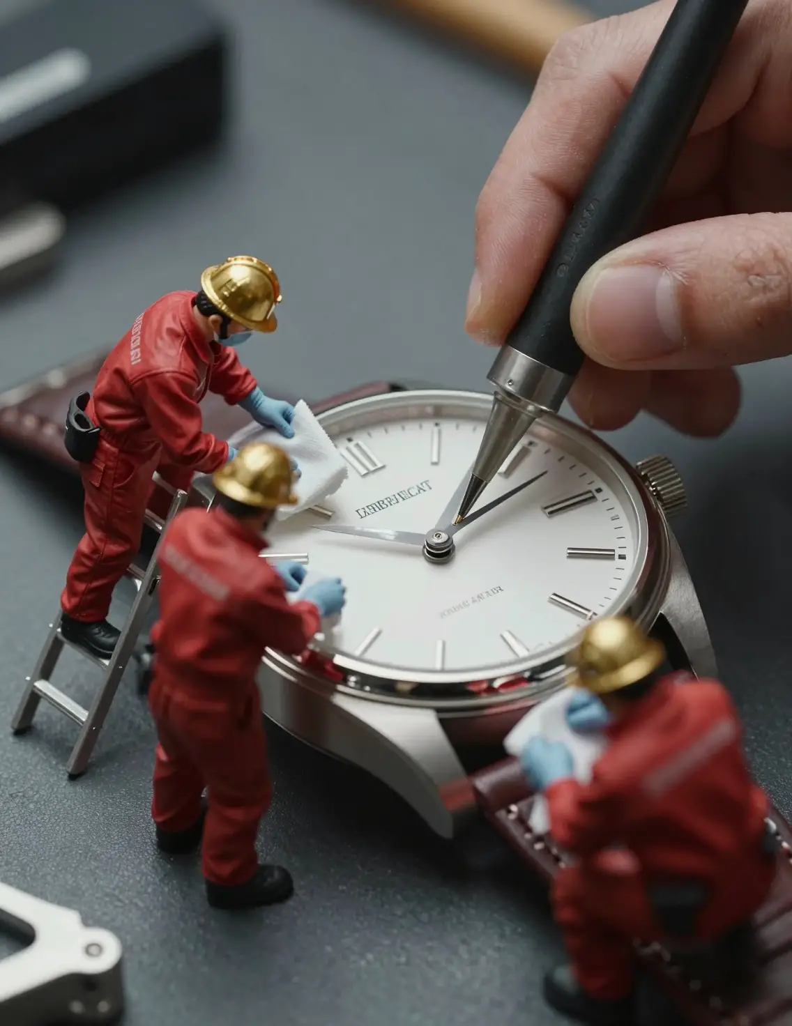 Tiny workers cleaning a wristwatch in macro detail