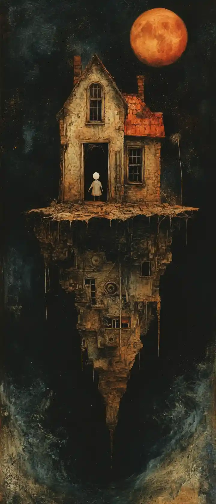Anime dollhouse hanging above an endless swirling void