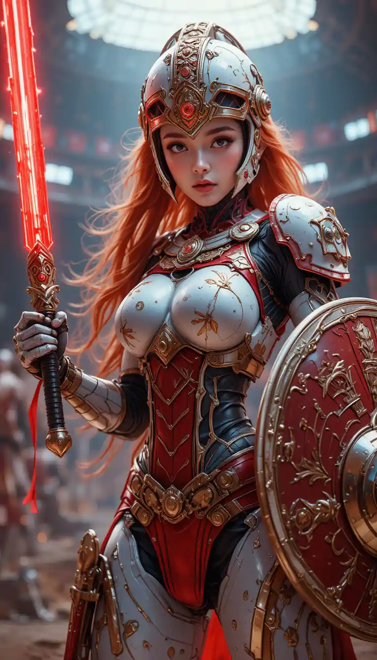 Rothaarige Cyborg-Gladiatorin mit Schwert und Schild
