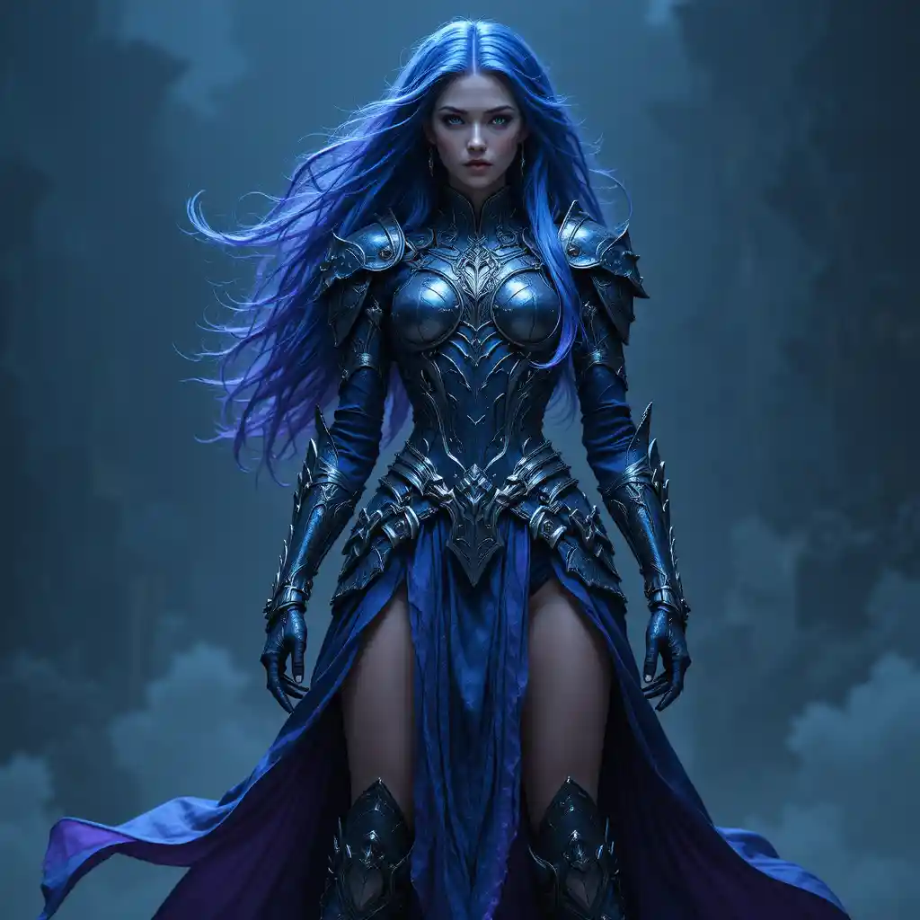 Tall fantasy warrior woman in ornate blue armor