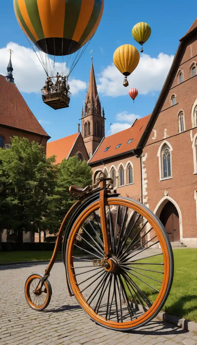 Surreale penny-farthing steampunk fuso con cattedrale gotica