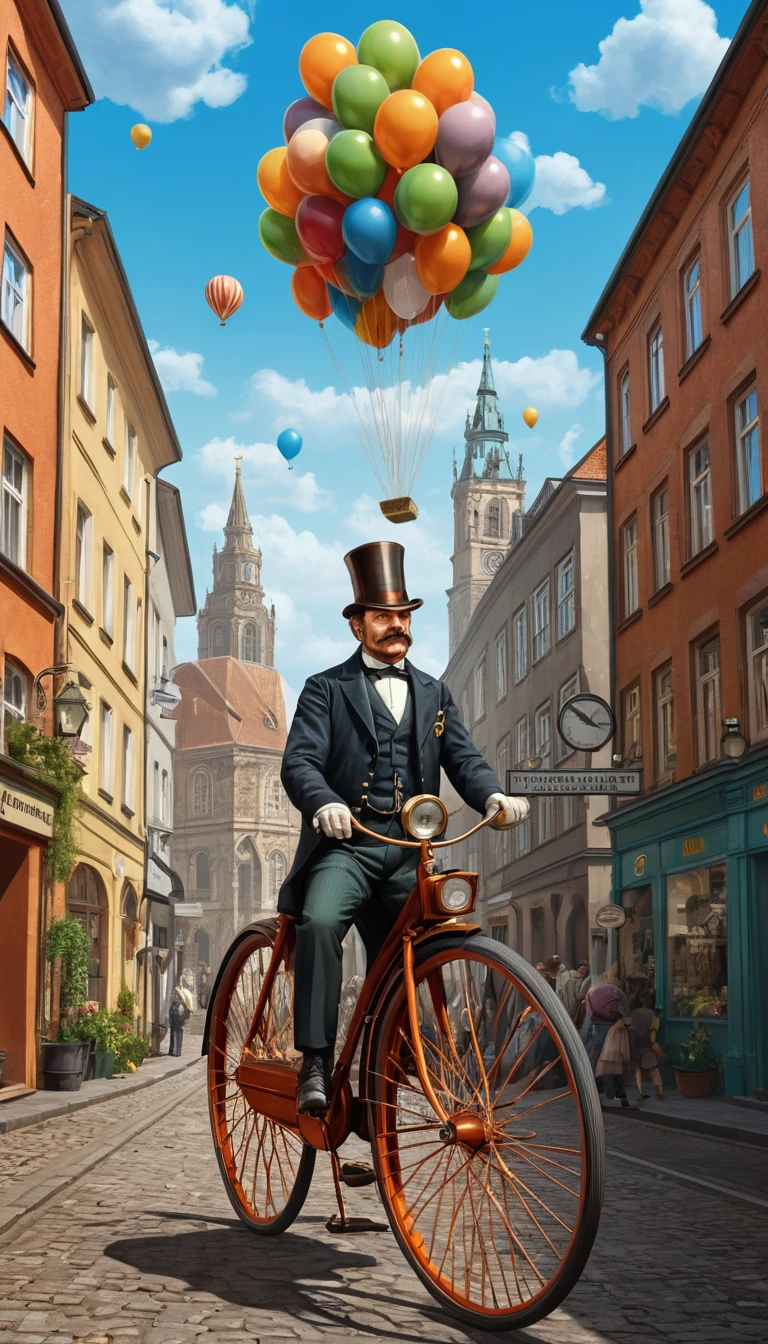 Bicicleta penny-farthing steampunk surreal fusionada con catedral gótica