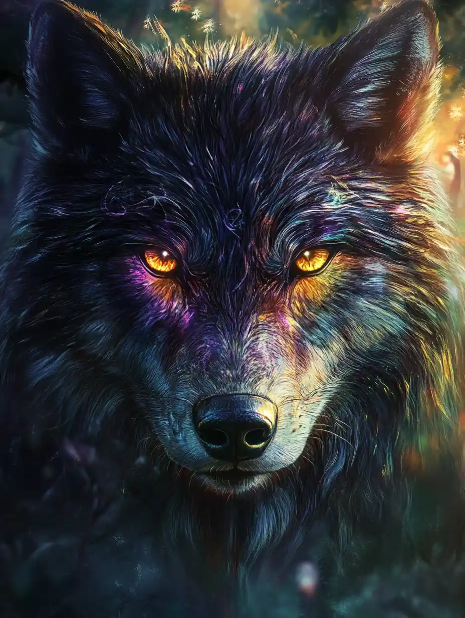 Kristallwolf-Wächter mit lebenden Prisma-Augen im nebligen Wald