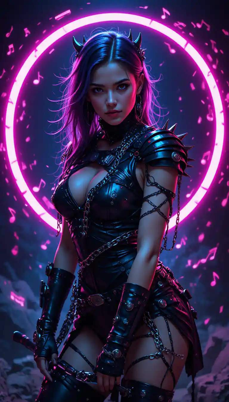 Rebellious punk maiden in neon light and dark void
