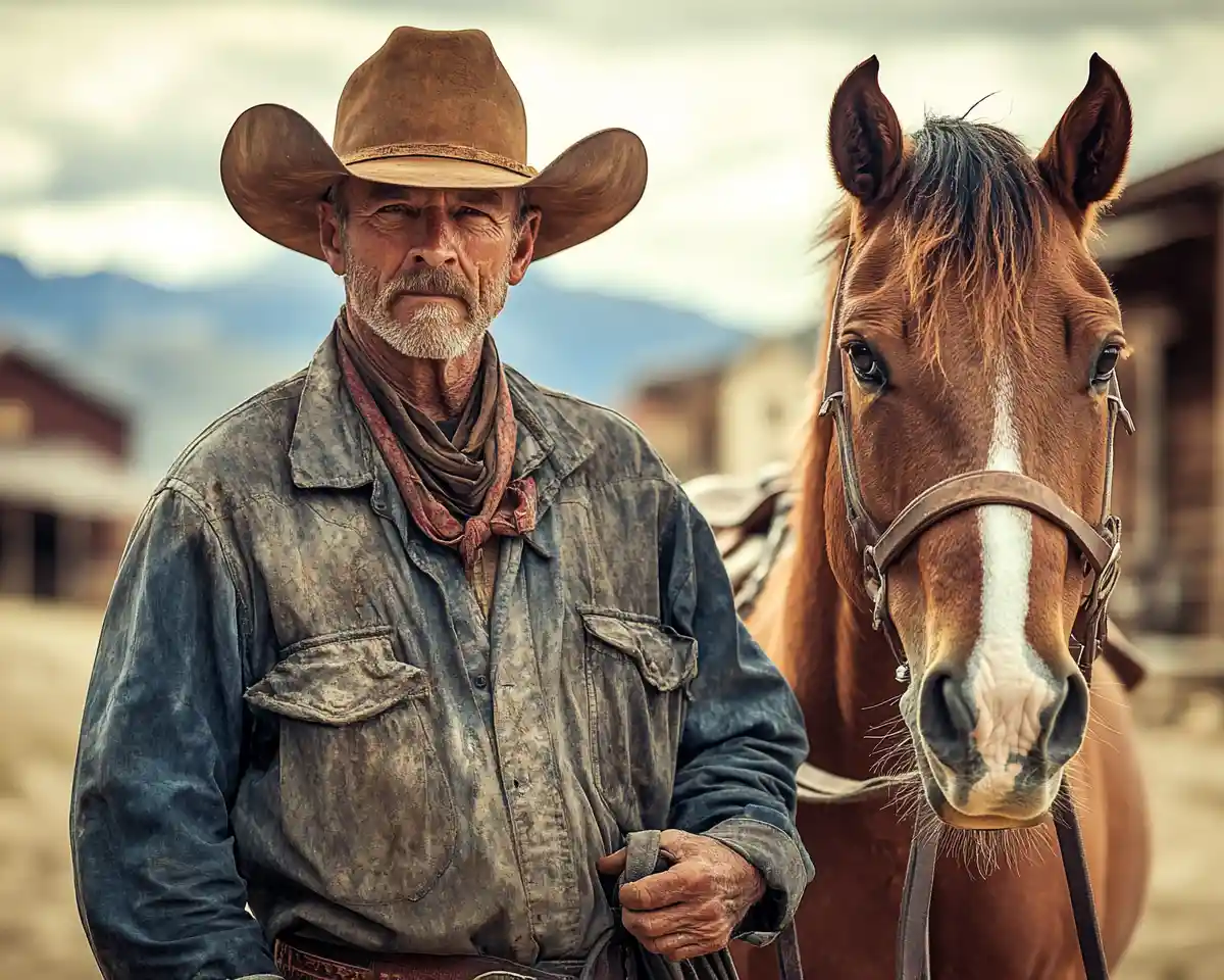 Cowboy scottato dal sole con cavallo in una polverosa città del West