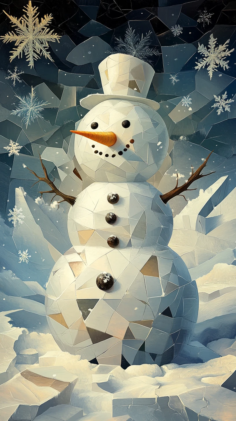 Cubist snowman in a fragmented winter wonderland scene