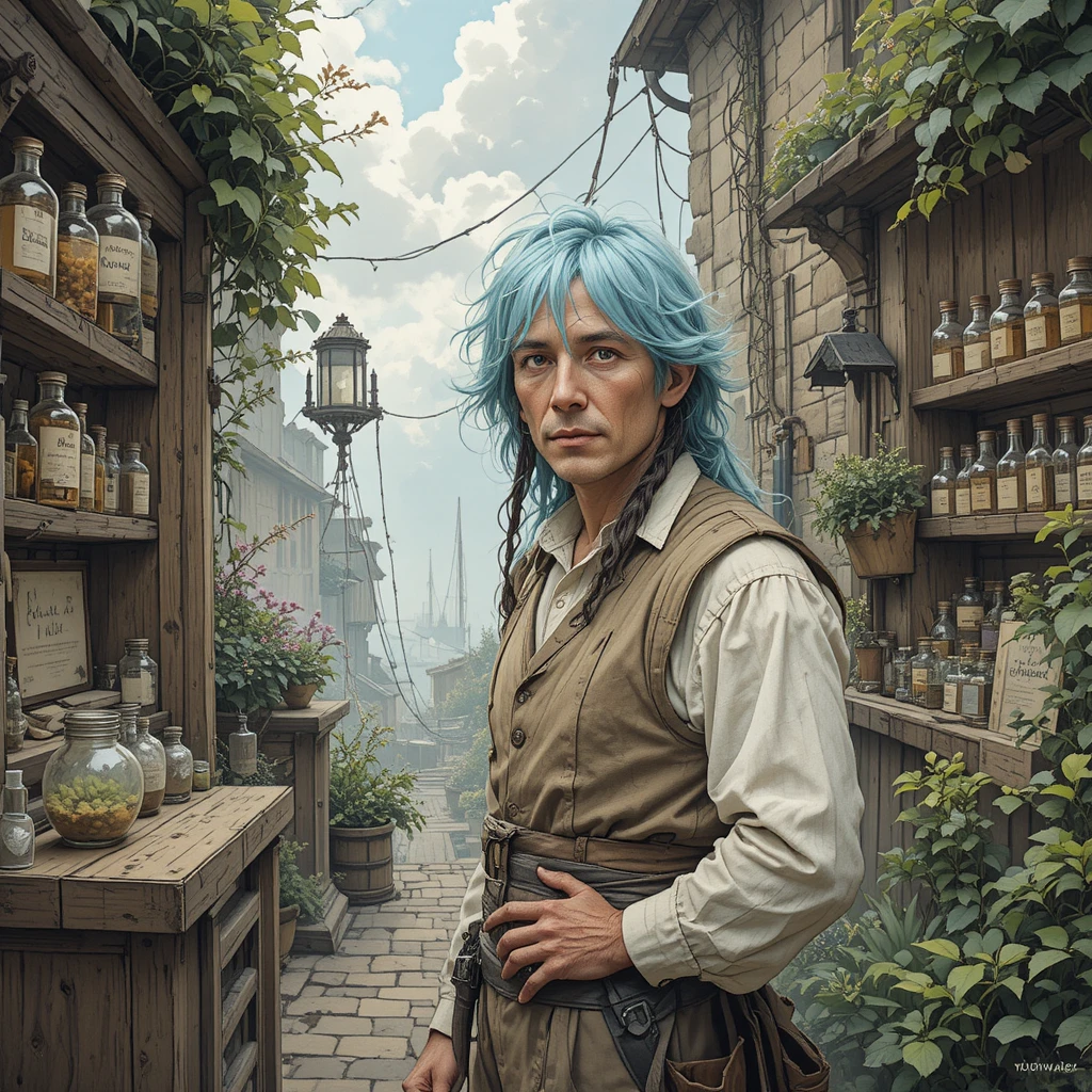 Young herbalist surrounded by jars plants and brewing remedies
