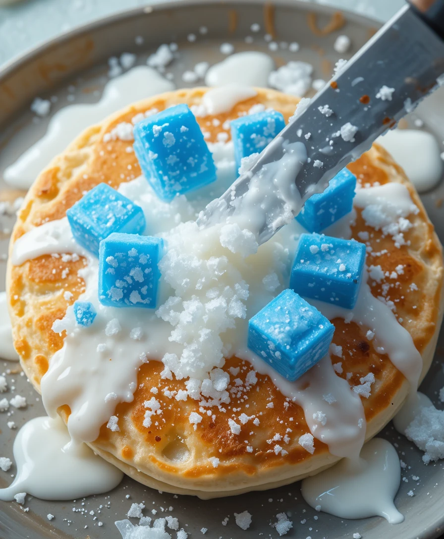 Briques de lait congelées sur pancake moelleux en vue macro du dessus