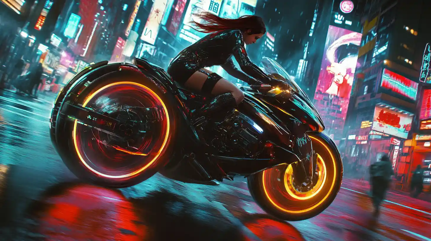 Woman racing a hovercraft through neon cyberpunk streets