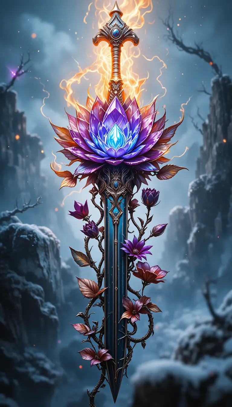 Enchanted alloy sword wrapped in gothic iron flowers
