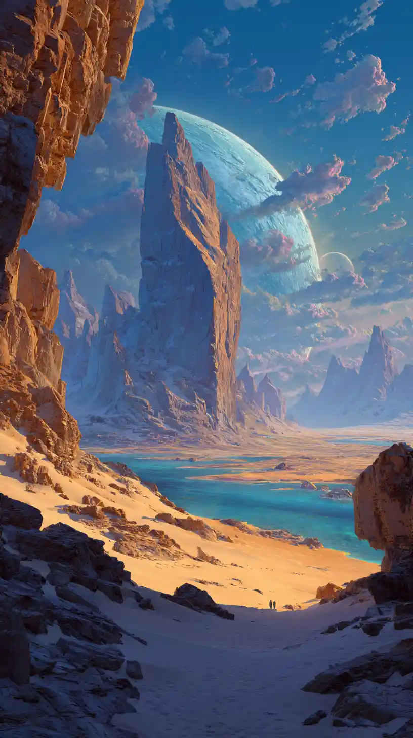 Surreal Alien Desert With Crystalline Monolith And Lake