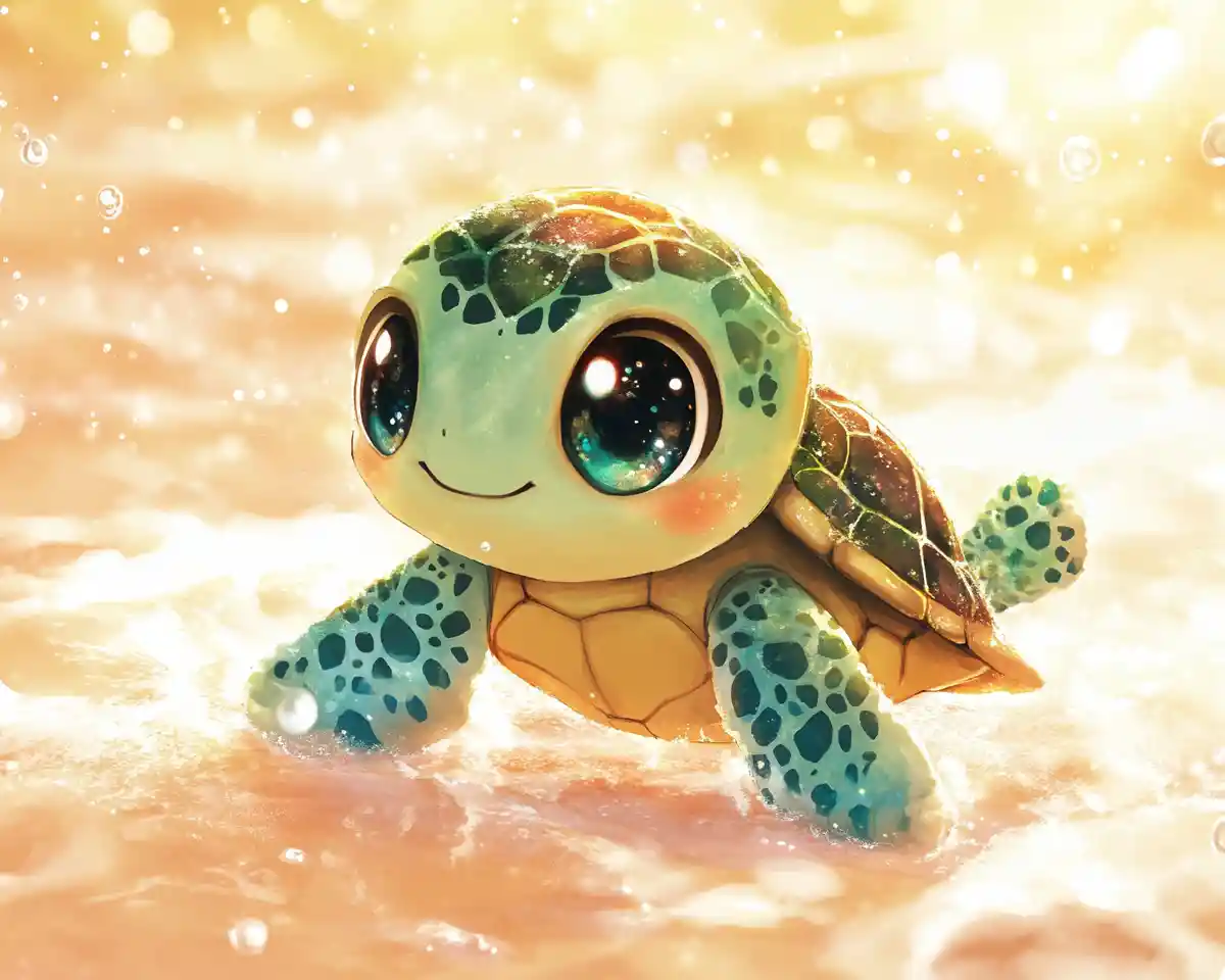 Cute chibi baby sea turtle with realistic soulful eyes