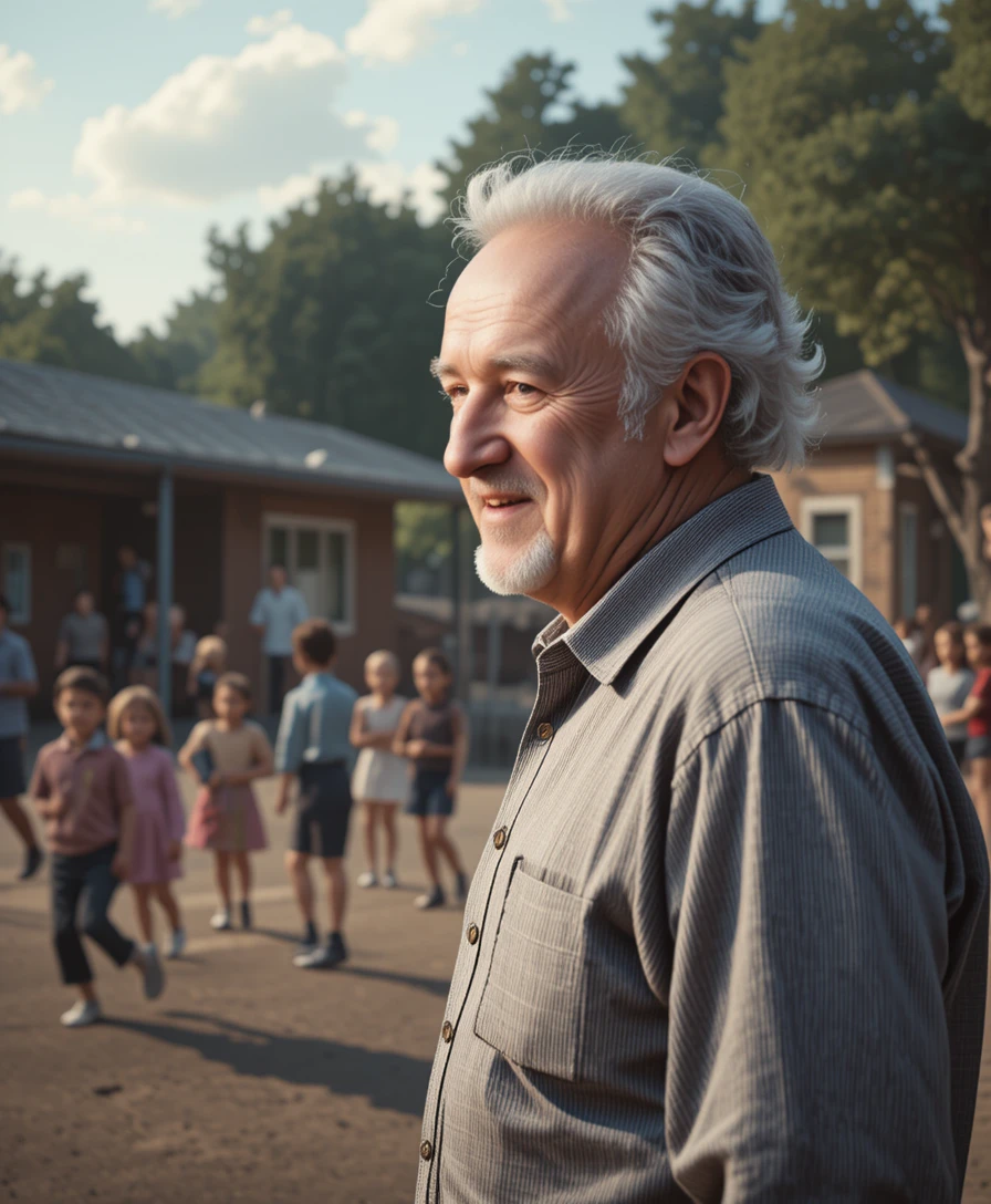 Elderly man smiling in profile by a lively school playground