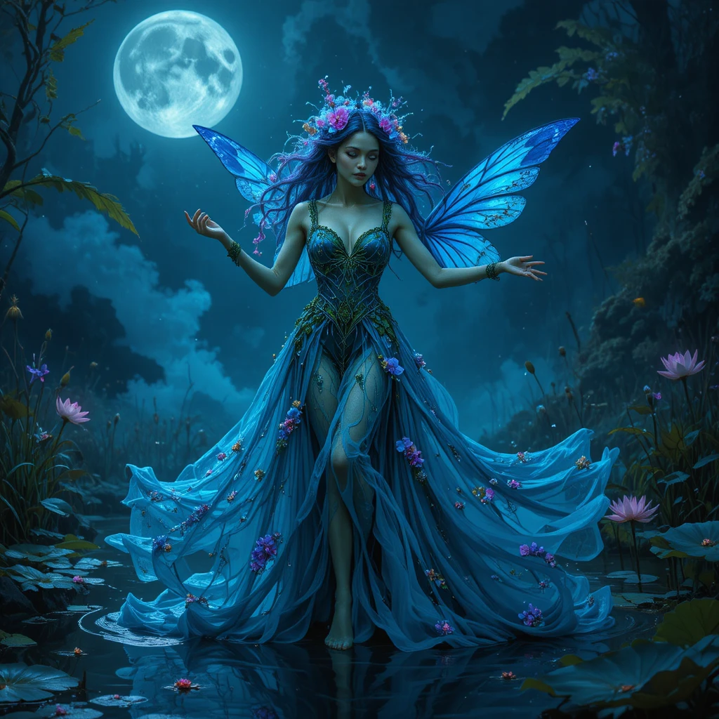 Elegante Frau tanzt in einem mondbeschienenen See mit blauem Nebel