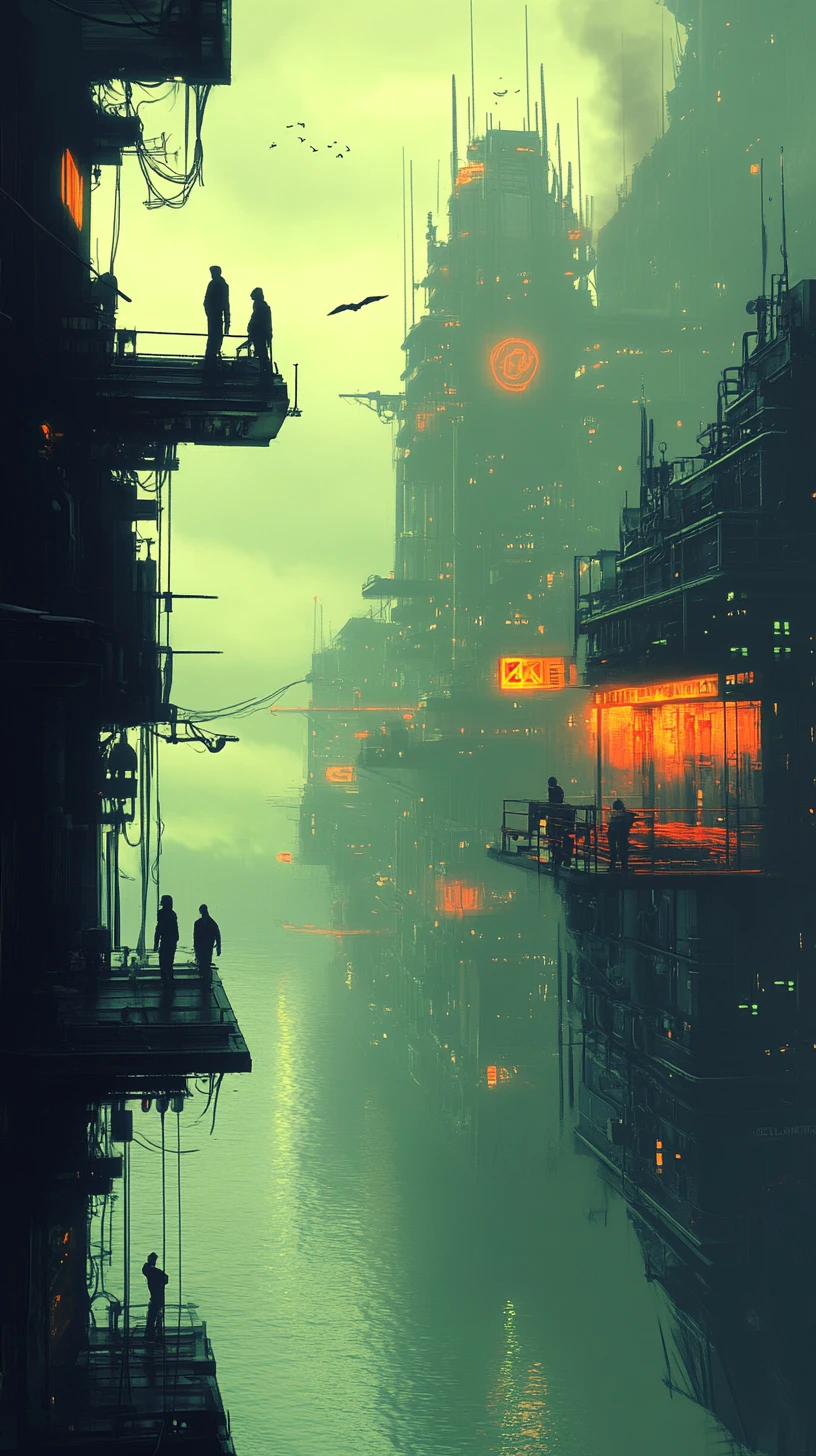 Hazy dystopian city with glowing orange building interiors