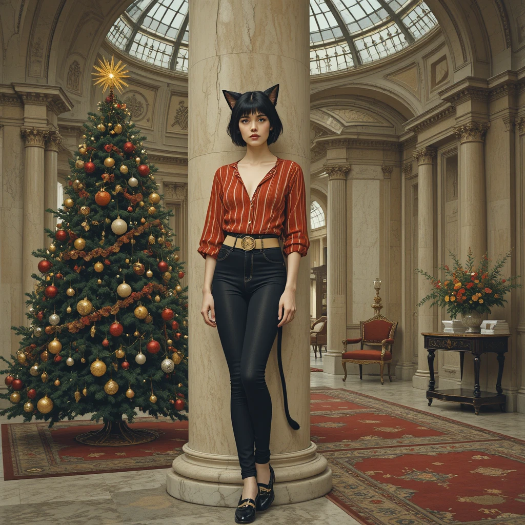Woman with cat ears standing in a grand stone hall