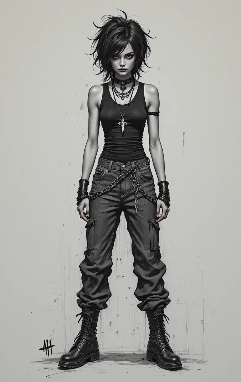 Skinny gothic figure in chains and combat boots sketch