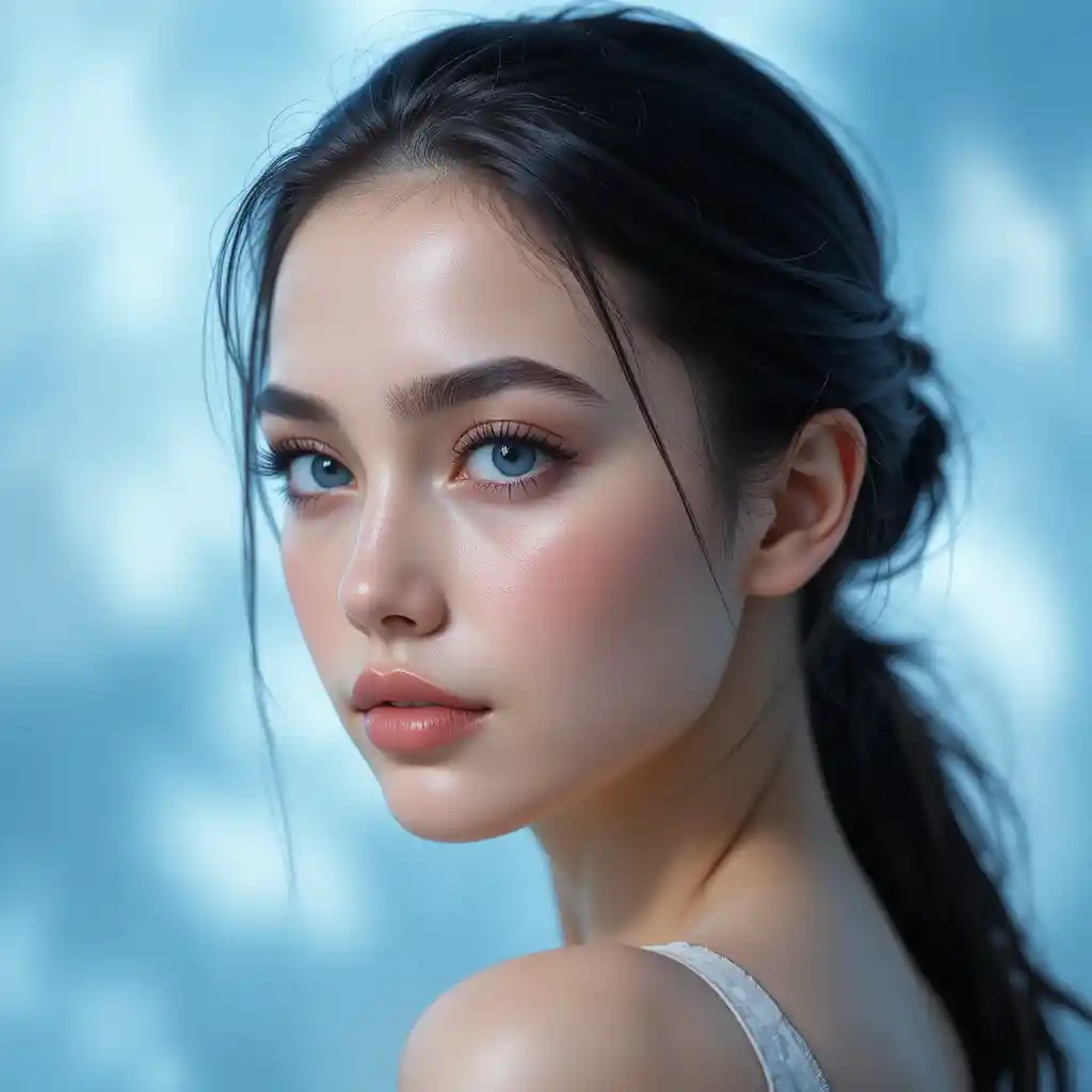 Young woman portrait with blue eyes in soft ethereal light