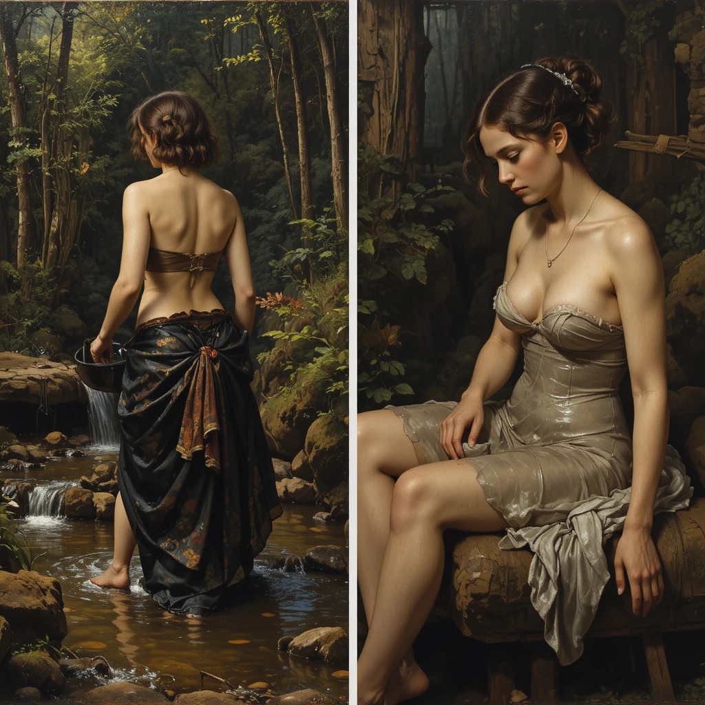 Donna nuda che fa il bagno in un tranquillo ruscello nel bosco