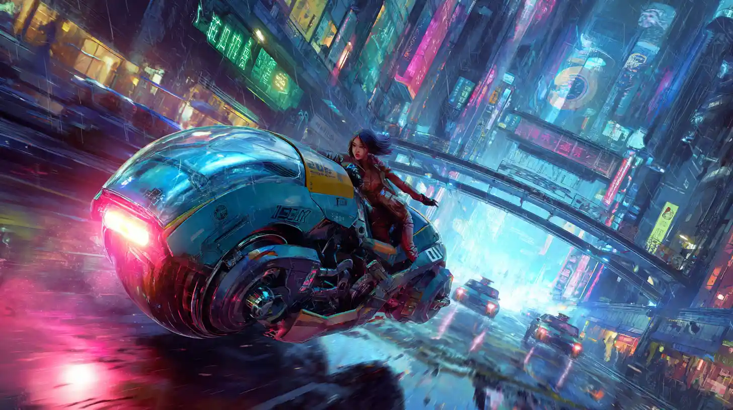 Woman racing a hovercraft through neon cyberpunk streets