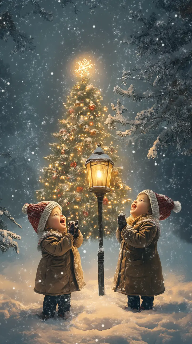 Children singing by a glowing Christmas tree in winter