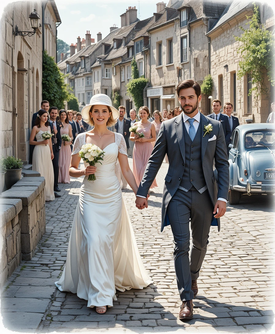 Vintage outdoor wedding couple walking through village street