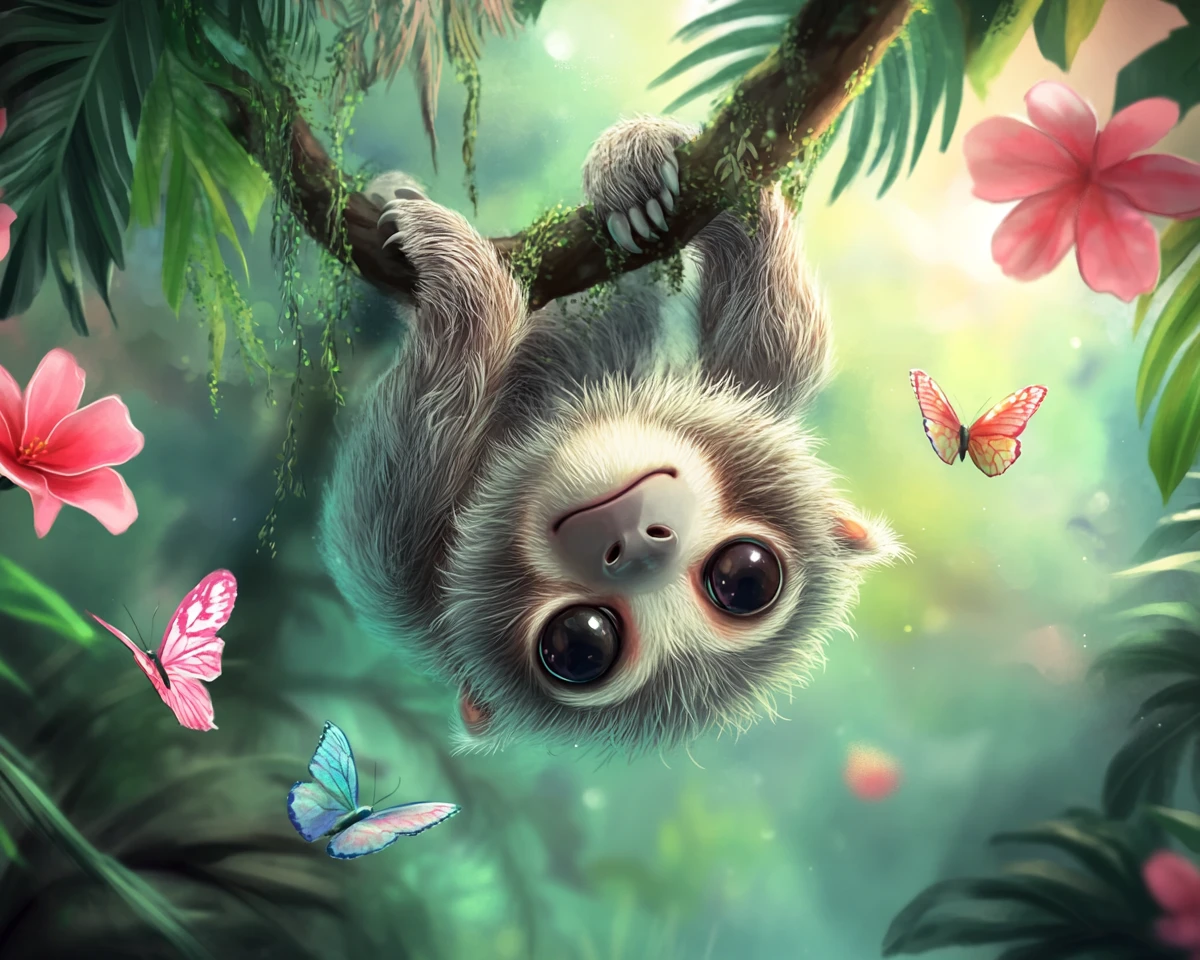 Dolce cucciolo di bradipo appeso in una foresta pluviale tropicale da sogno