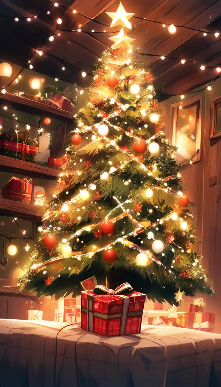 居心地の良い部屋でクリスマスプレゼントを包むアニメ少女